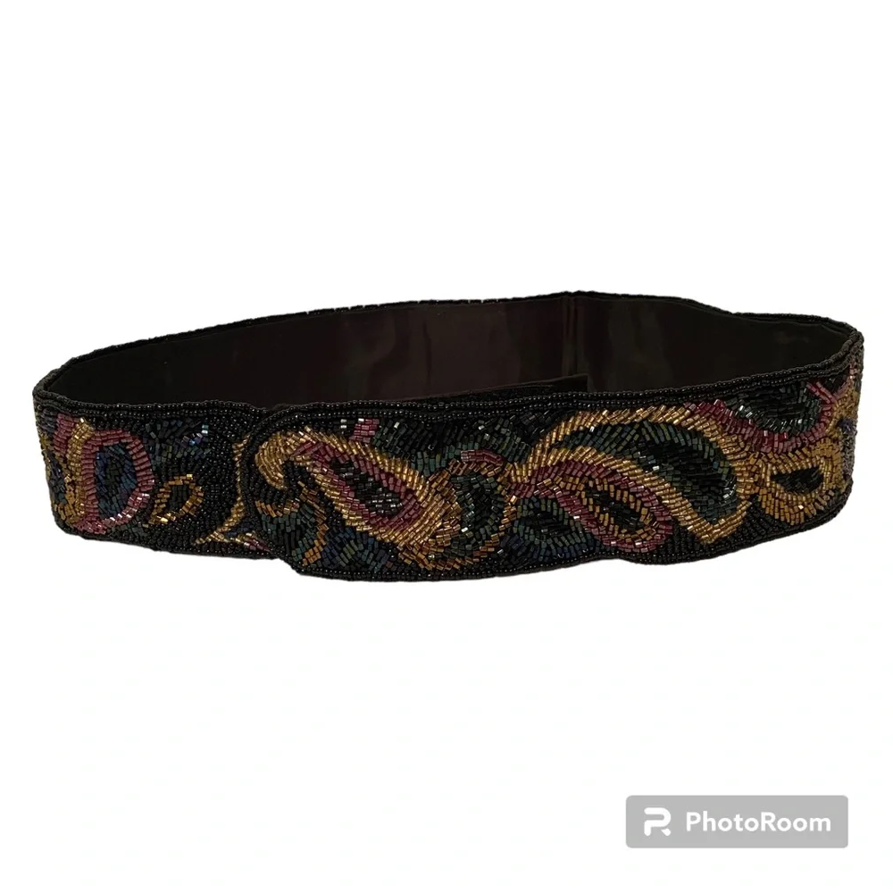 LA REGALE LTD BELT WIDE BLACK SATIN BEADED MULTI COLOR PEACOCK COLOR SIZE M